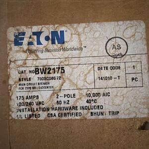 New Eaton BW2175 175A Main Circuit Breaker 2-Pole 120/240V Type BW Loadcenter